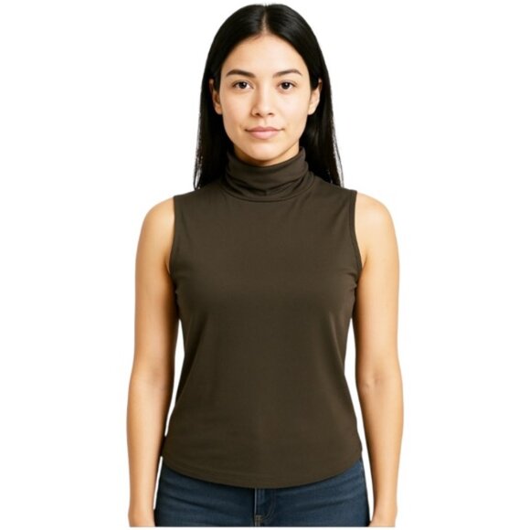 White + Warren Large Brown Turtleneck Sleeveless Scuba Top - Picture 1 of 6
